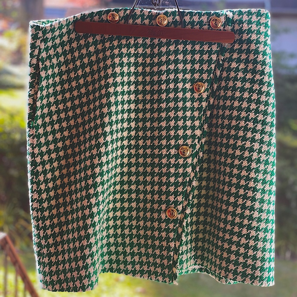 Karen Millen Emerald Green Check Tweed Button A-Line Skirt - US 14